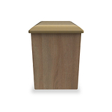 A wooden-textured trash bin with a beige lid stands isolated against a white background.
