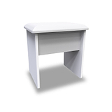 A small white desk with a single open shelf, isolated on a white background.