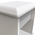 A white padded bench with a smooth finish is depicted, set against a monochromatic background enhancing its minimalistic design.
