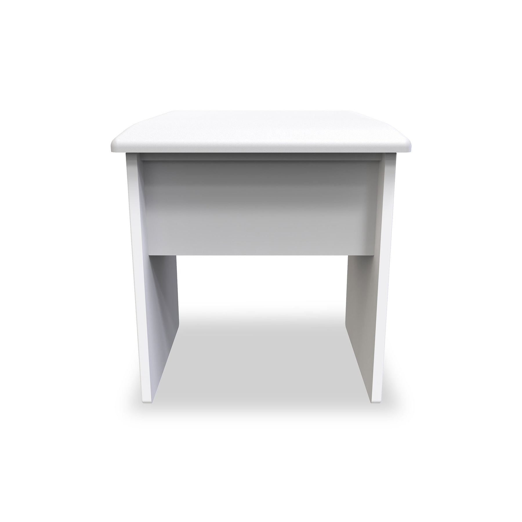 A white, minimalist desk stands centered against a white background, featuring a flat top and open shelf underneath.