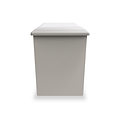 A grey trash bin with a closed lid, set against a solid white background.