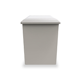 A grey trash bin with a closed lid, set against a solid white background.