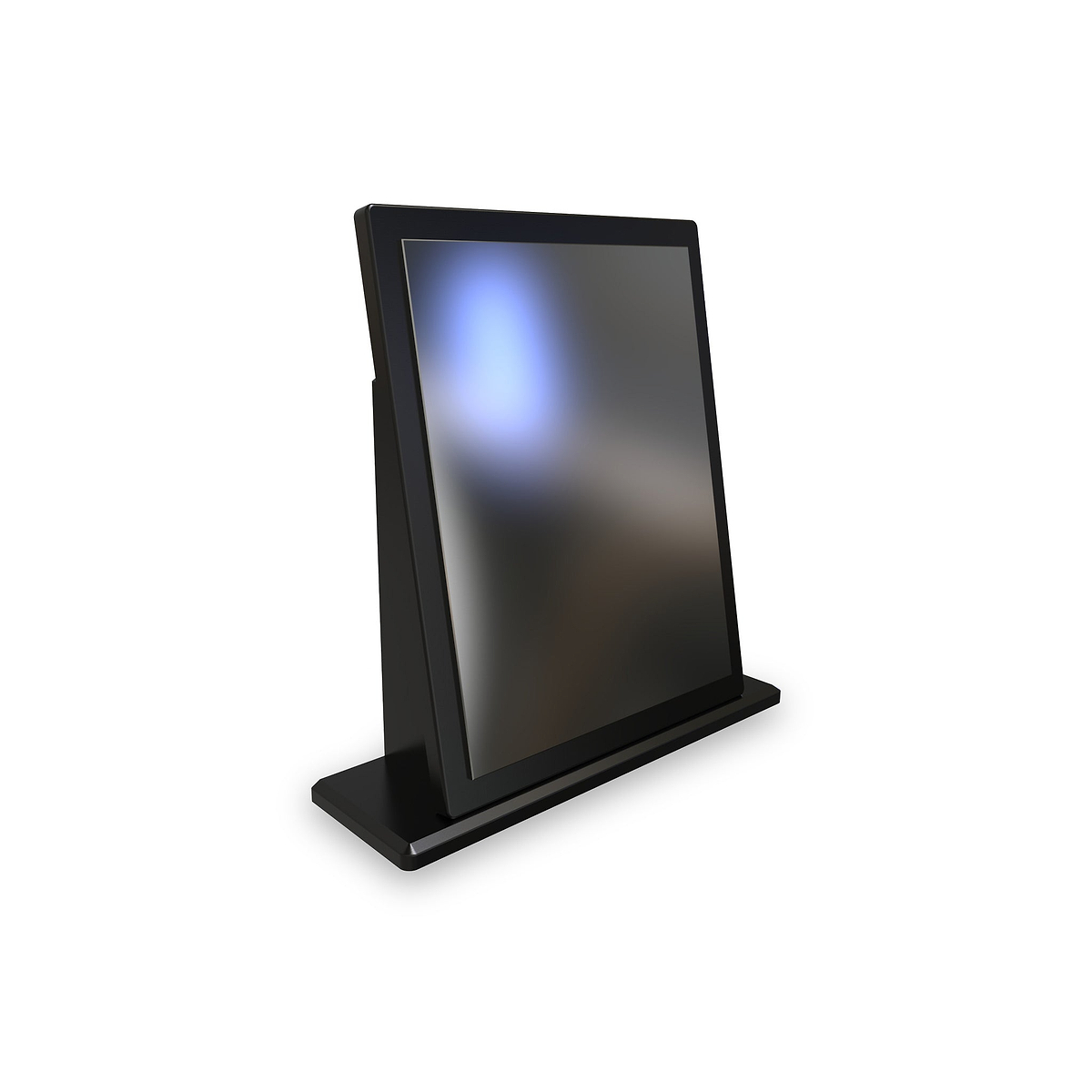 A black digital tablet is propped upright by its stand on a white surface against a white background, showcasing a blurred screen.