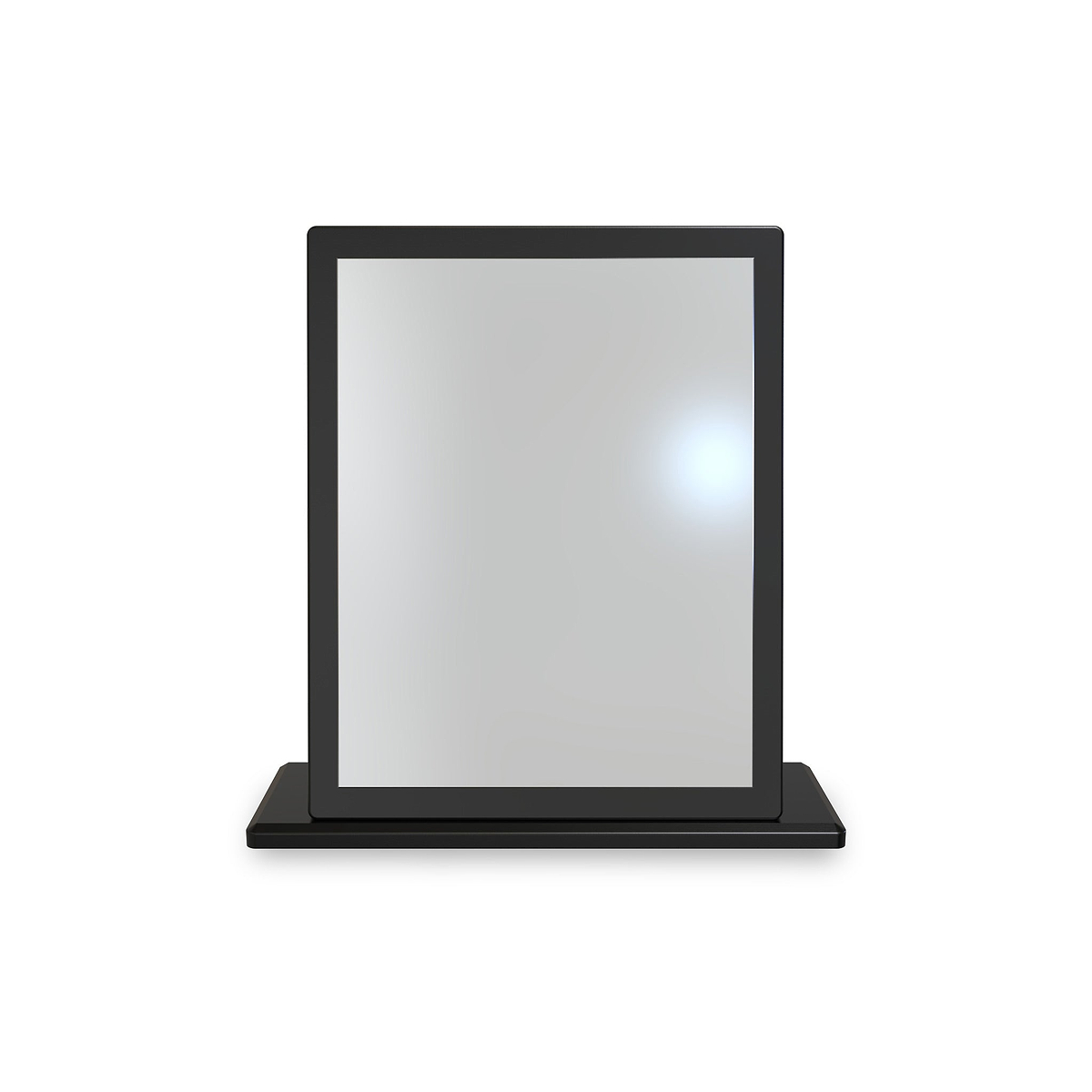 A graphic representation of a laptop with a blank, gray screen facing forward, isolated on a white background.