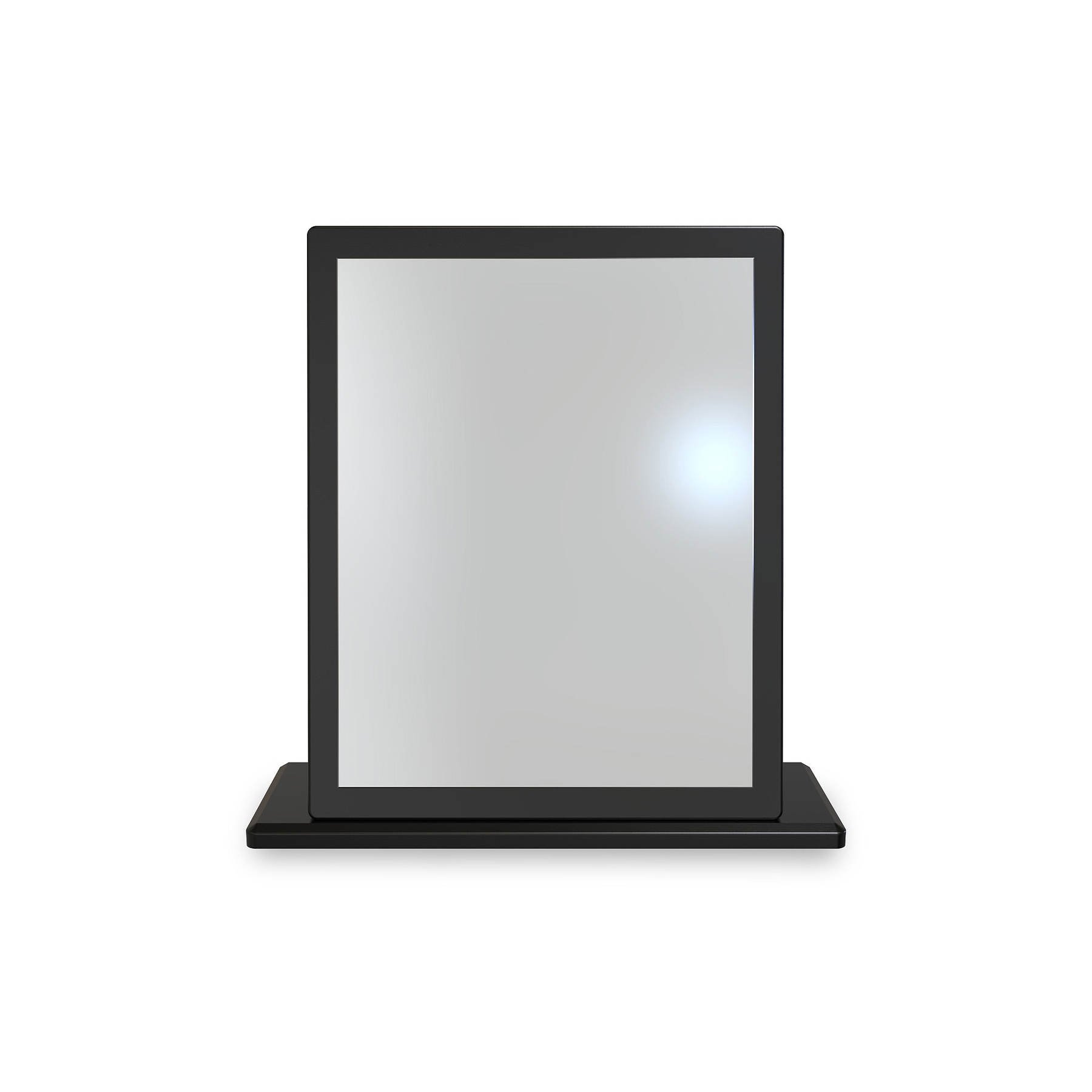 A graphic representation of a laptop with a blank, gray screen facing forward, isolated on a white background.