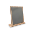 A blank chalkboard with a wooden frame stands slanted, isolated on a white background with no text.