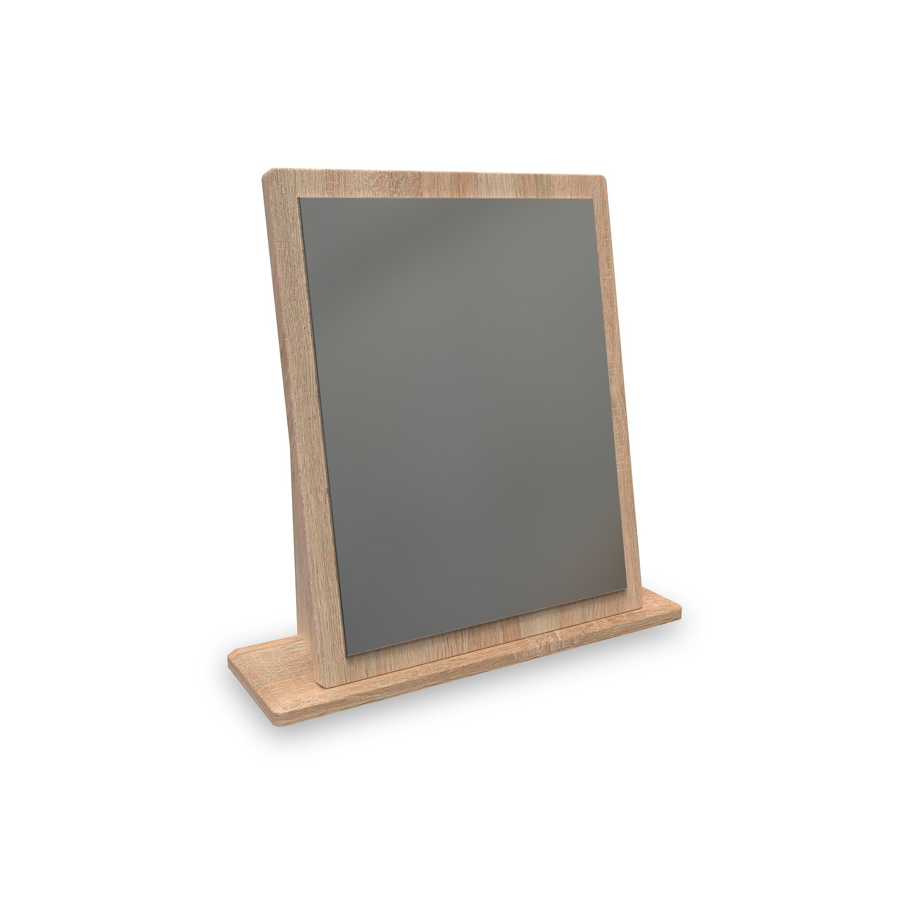 A blank chalkboard with a wooden frame stands slanted, isolated on a white background with no text.