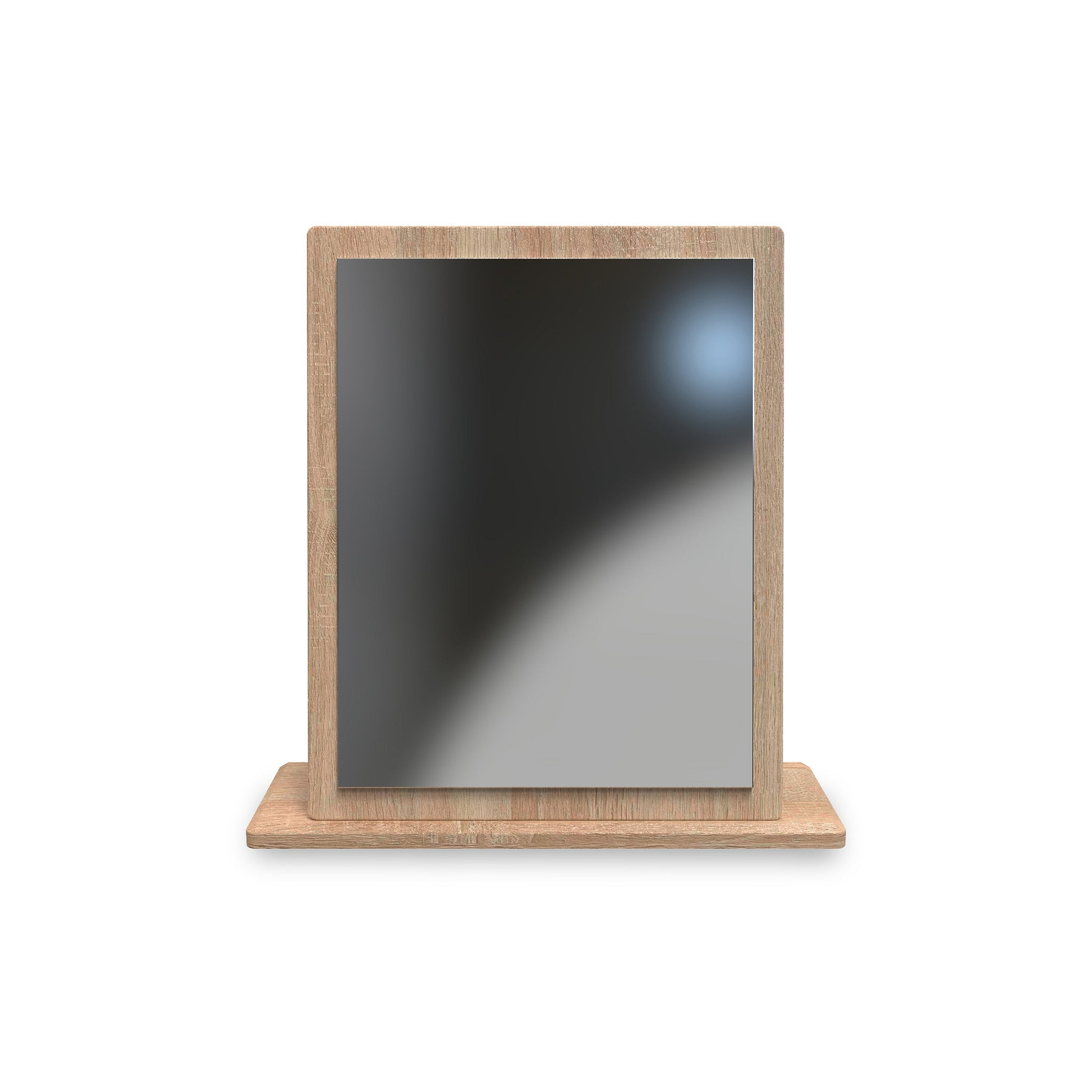 A blank tablet screen framed in wood stands upright on a flat base, isolated against a white background with soft shadow beneath.