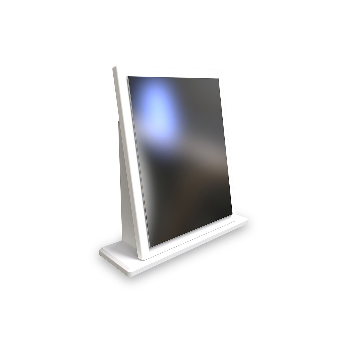 A digital tablet with a blank, slightly glowing screen is standing upright on a white stand against a white background.