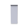 A tall, narrow, light gray cabinet with a closed door, centered against a plain white background.