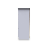 A tall, narrow, light gray cabinet with a closed door, centered against a plain white background.