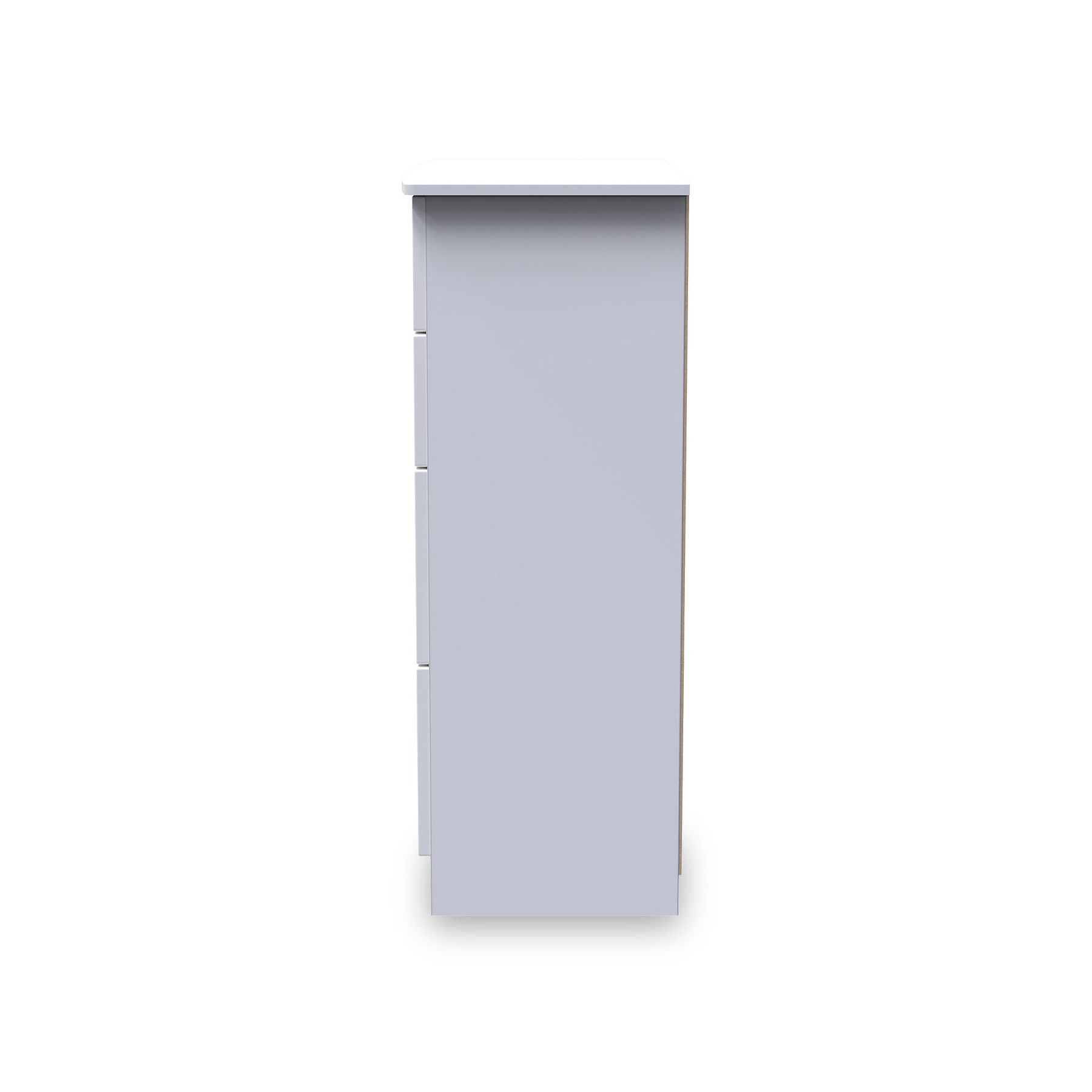A tall, narrow, light gray cabinet with a closed door, centered against a plain white background.