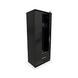 A black wardrobe with an open door revealing shelves stands against a white background. There's a drawer at the bottom.