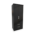 A black wardrobe with closed doors and two bottom drawers stands isolated against a white background.