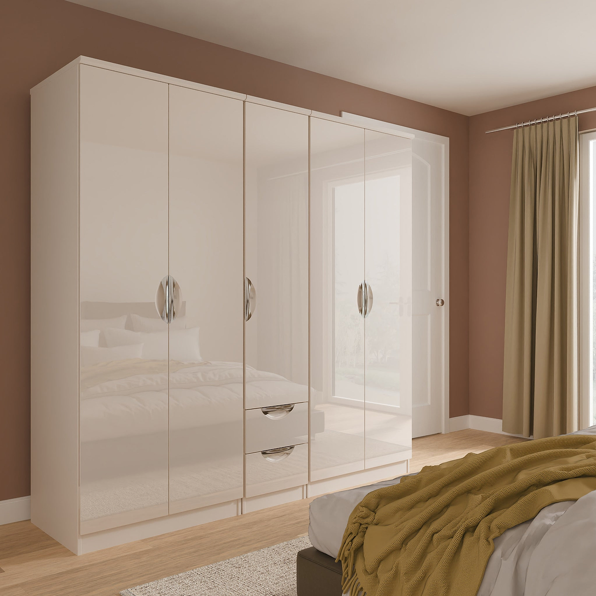 Beckett 5 Door 2 Drawer Wardrobe Cream Gloss from Roseland Furniture