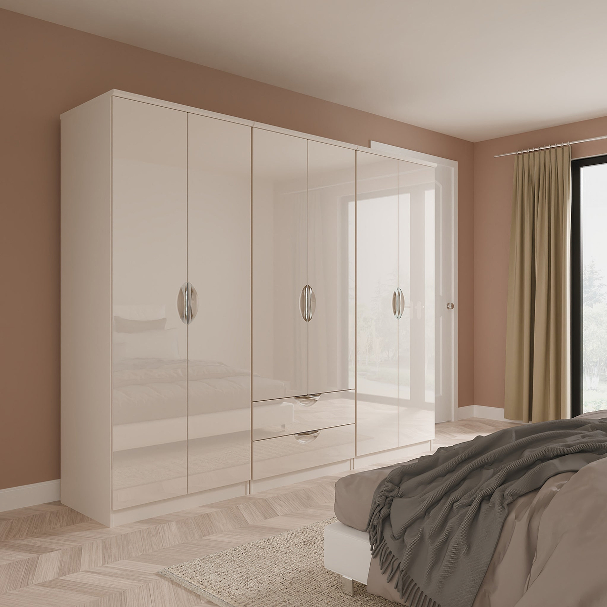 Beckett 6 Door 2 Drawer Wardrobe Cream Gloss from Roseland Furniture