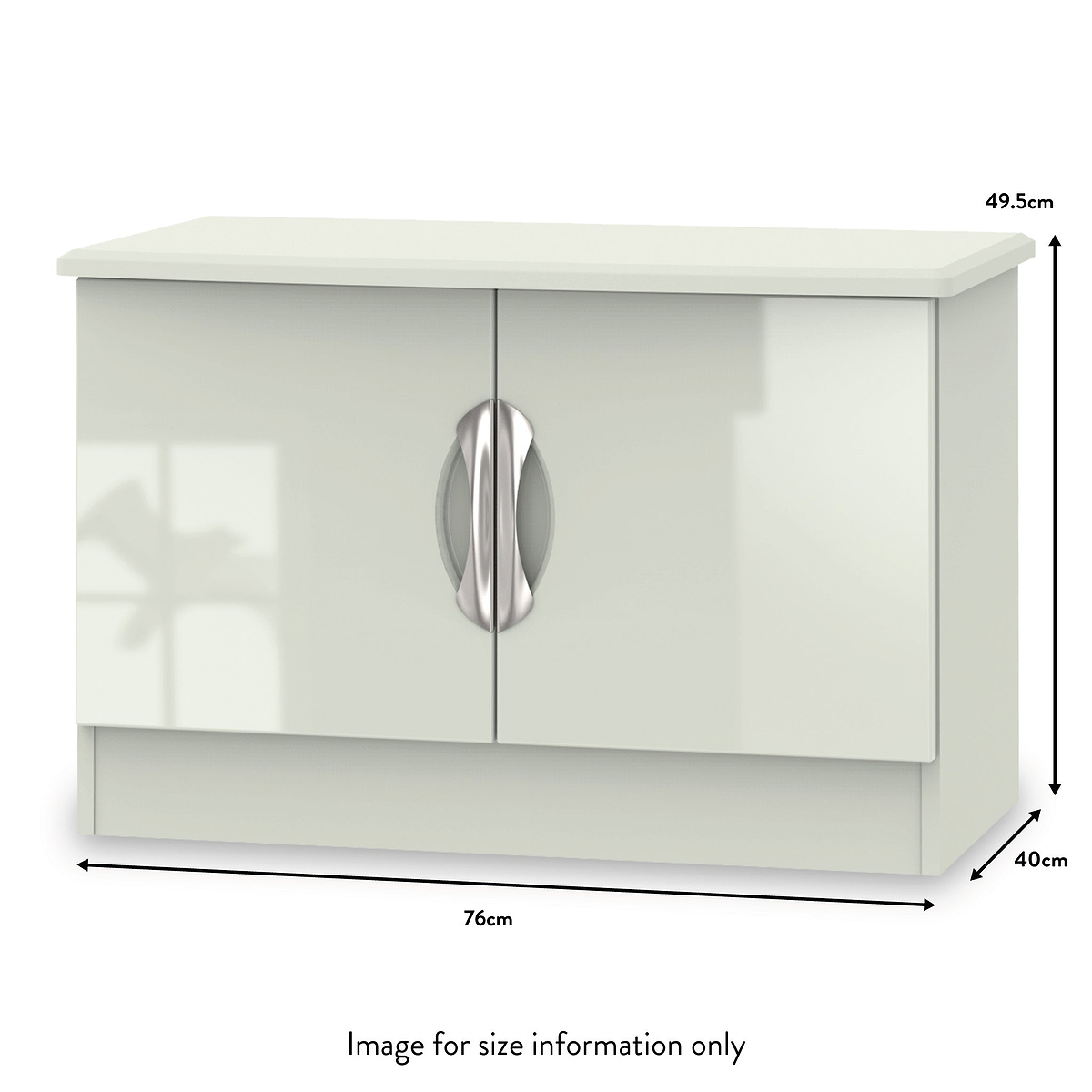 A white, two-door cabinet with metal handles measures 76cm by 40cm by 49.5cm. Text states "Image for size information only."