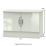 A white, two-door cabinet with metal handles measures 76cm by 40cm by 49.5cm. Text states "Image for size information only."