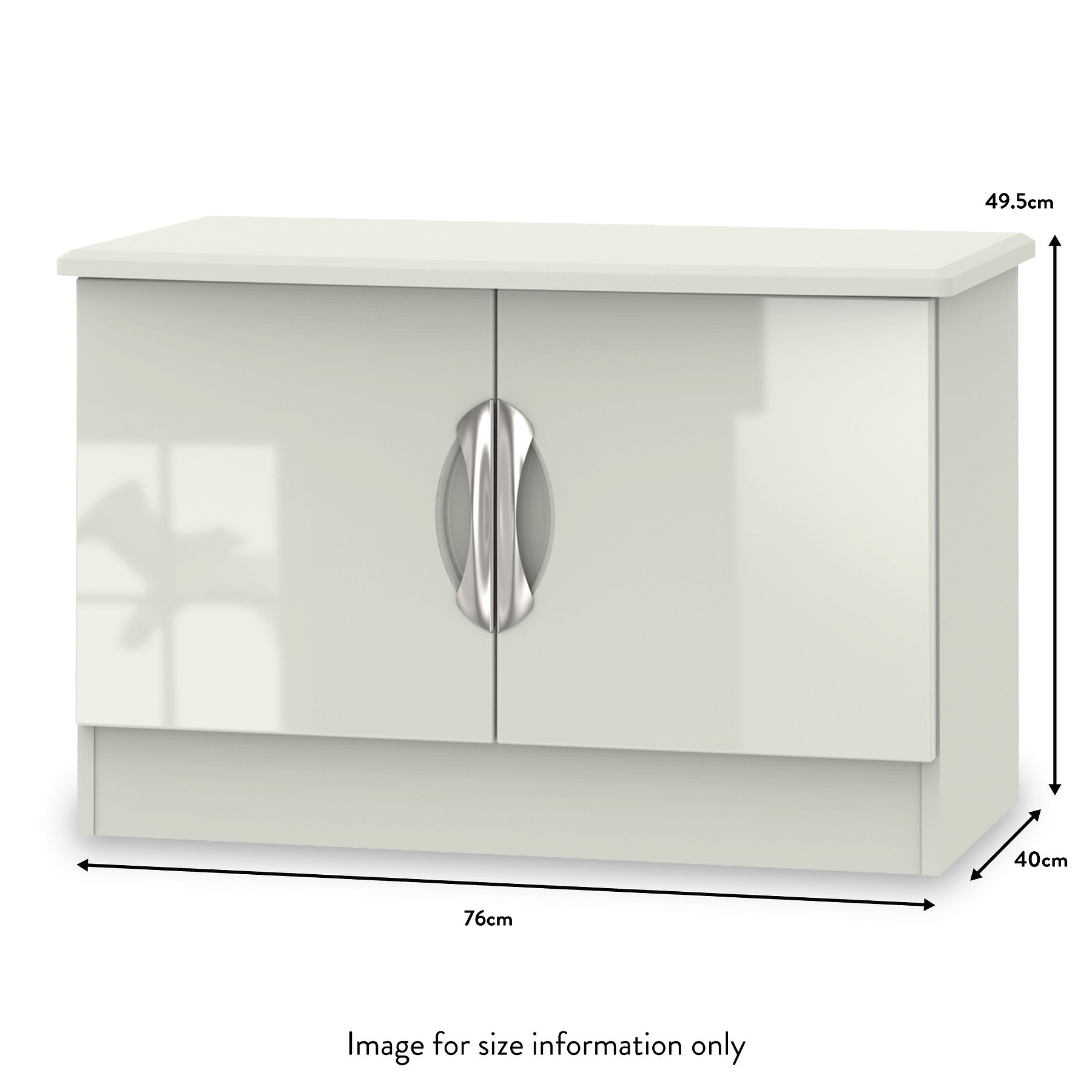 A white, two-door cabinet with metal handles measures 76cm by 40cm by 49.5cm. Text states "Image for size information only."
