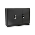 A black, modern sideboard with two closed doors, each with a circular, silver handle, stands isolated on a white background.