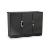 A black, modern sideboard with two closed doors, each with a circular, silver handle, stands isolated on a white background.