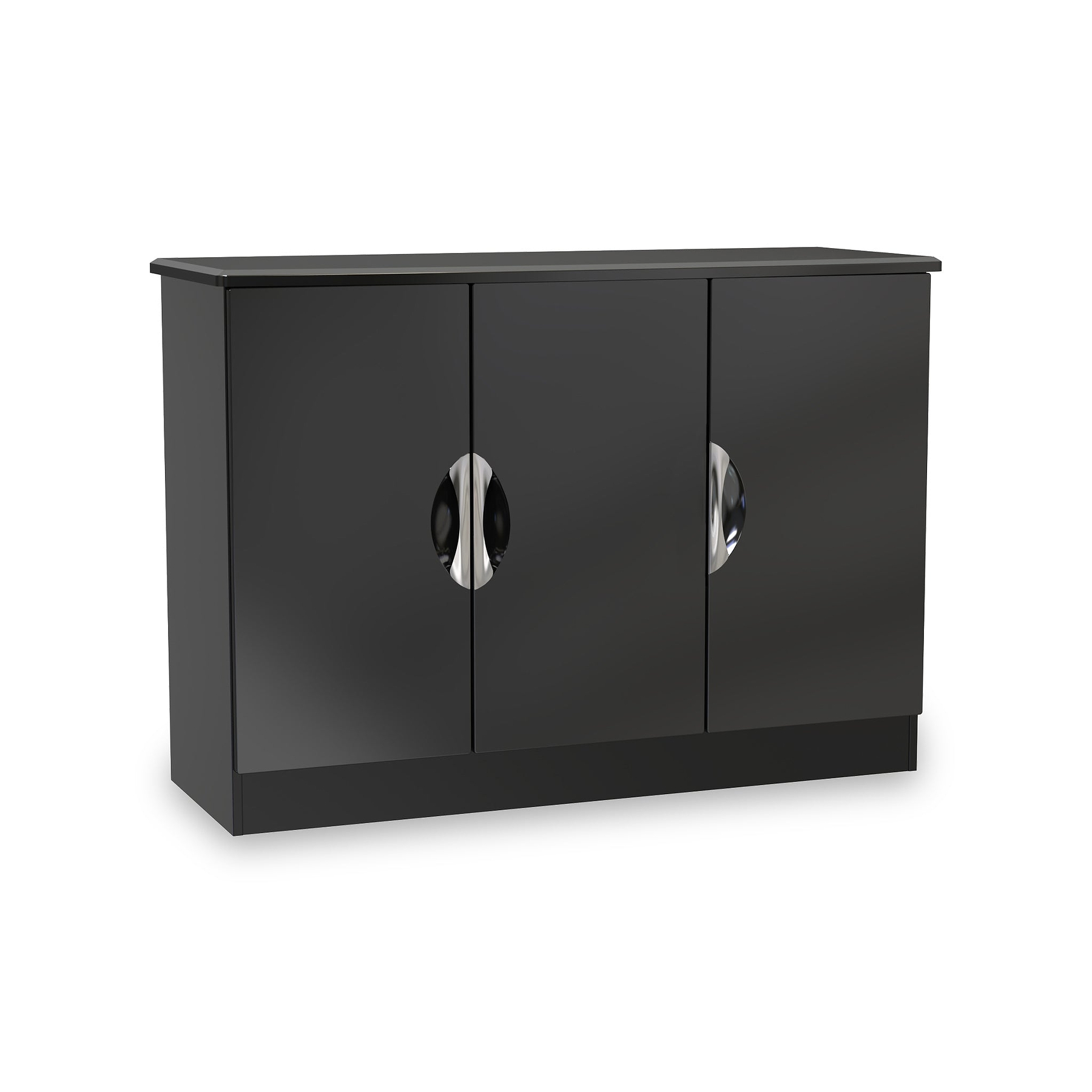 A black, modern sideboard with two closed doors, each with a circular, silver handle, stands isolated on a white background.