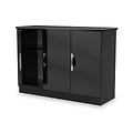 A black modern TV stand with glossy finish and two closed compartments, isolated against a white background.