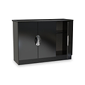 A black, modern TV stand with a glossy finish features closed cabinets and an open shelf, isolated on a white background.