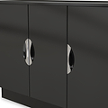 A sleek black cabinet with two shiny, oval handles against a light, blurred background.