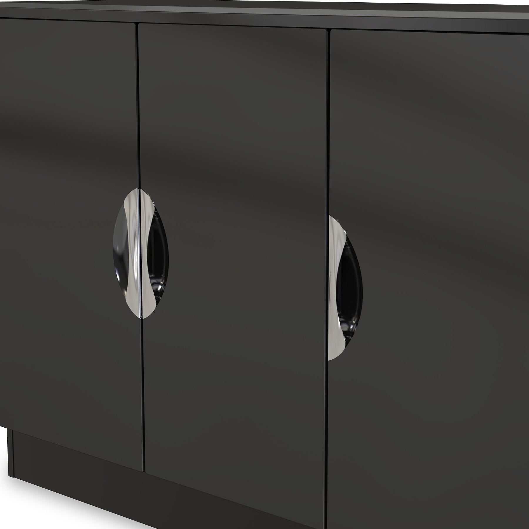 A sleek black cabinet with two shiny, oval handles against a light, blurred background.