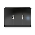 A black sideboard with reflective, circular handles on two doors, resting against a plain background.
