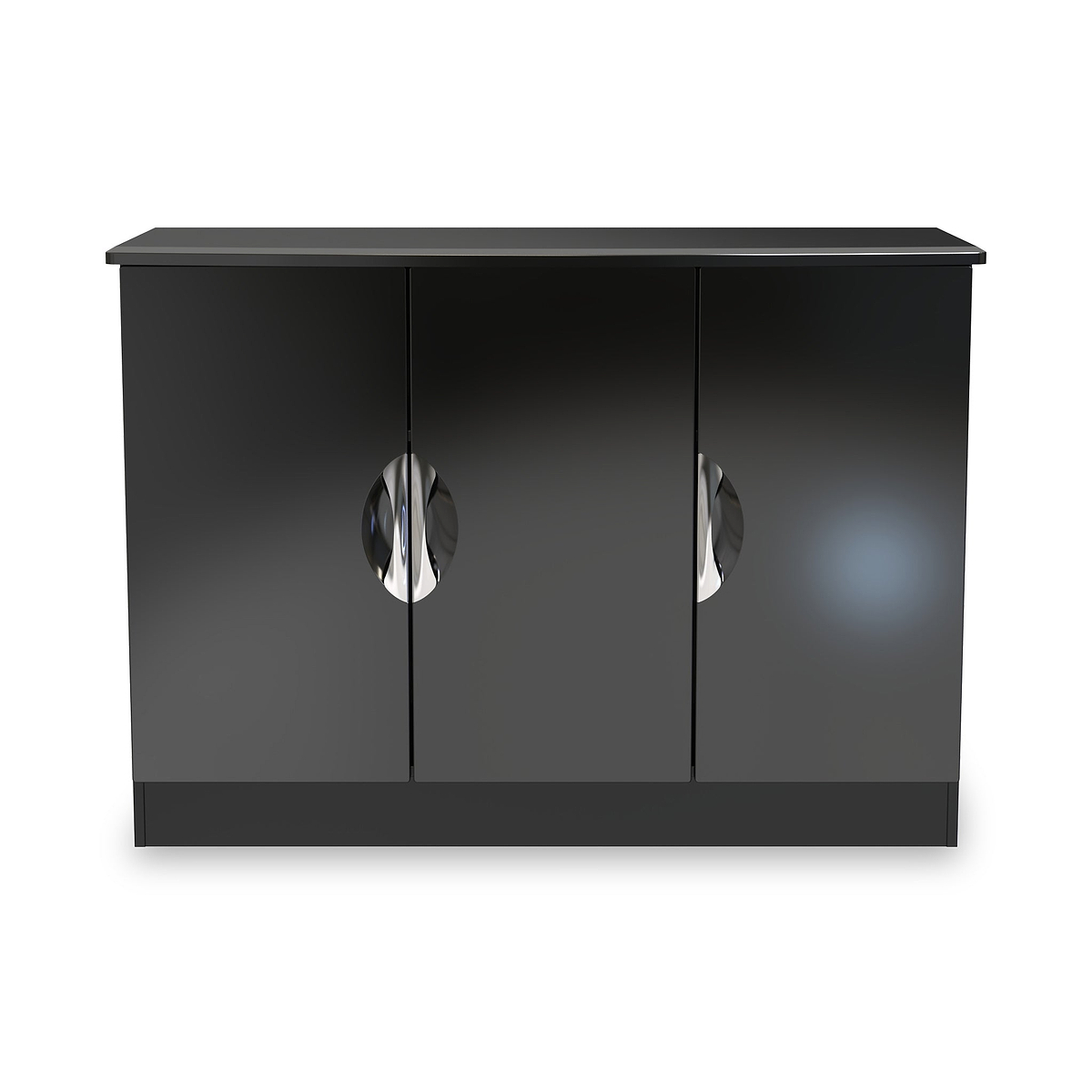 A black sideboard with reflective, circular handles on two doors, resting against a plain background.