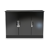 A black sideboard with reflective, circular handles on two doors, resting against a plain background.