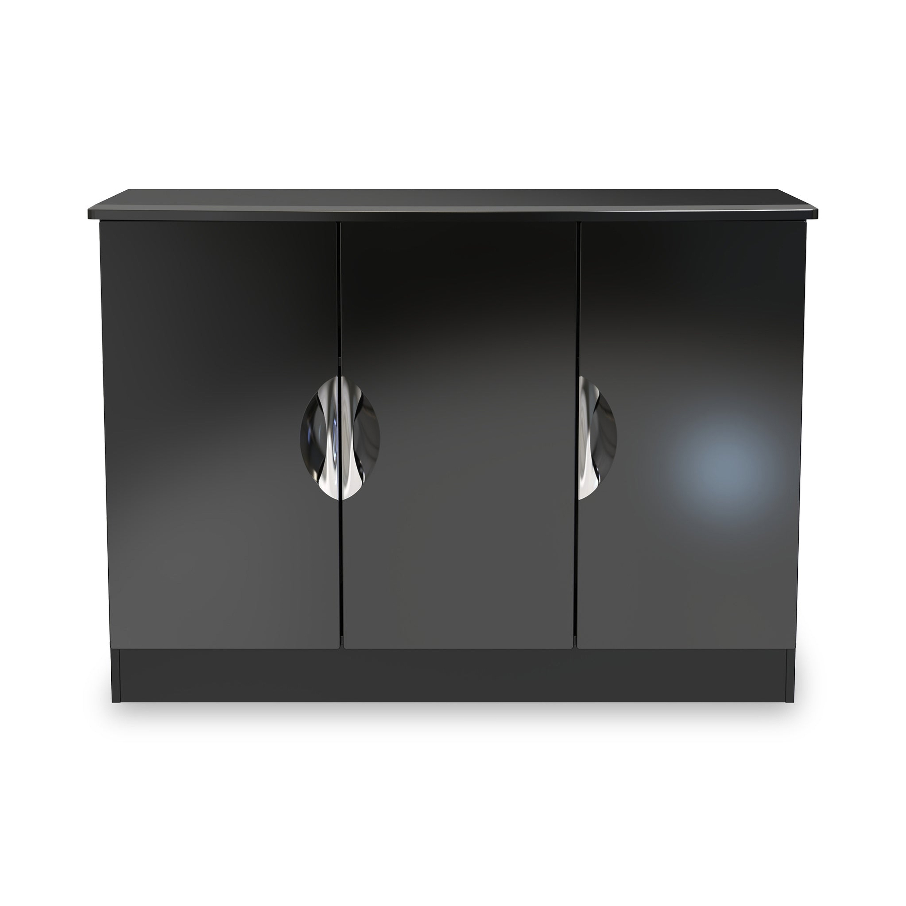 A black sideboard with reflective, circular handles on two doors, resting against a plain background.