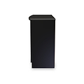 A black podium stands vertically, centered against a white background; its design is simple with a flat top and no visible features or text.