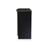 A black podium stands vertically, centered against a white background; its design is simple with a flat top and no visible features or text.