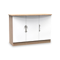 A wooden TV stand with two white cabinet doors and circular handles, isolated against a white background.