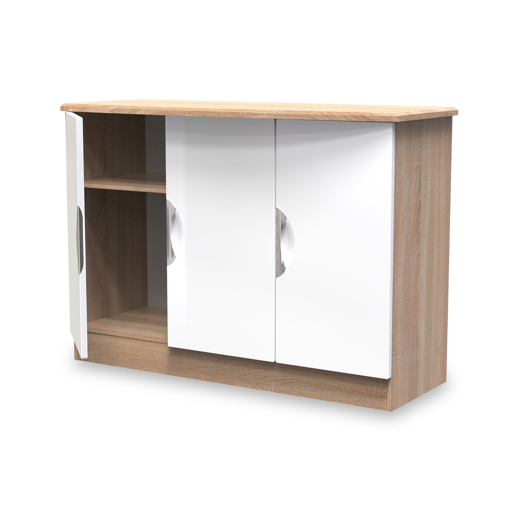 A wooden TV stand with white sliding doors and circular cutouts for handles, isolated on a white background.