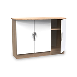A wooden two-door cabinet with a white finish and metallic handles, set against an isolated white background.