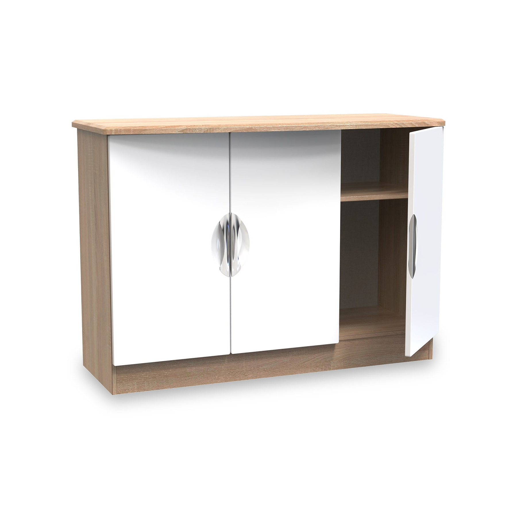 A wooden two-door cabinet with a white finish and metallic handles, set against an isolated white background.