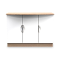 A wooden-top white cabinet with dual sliding doors and curved handles, centered against a plain background.
