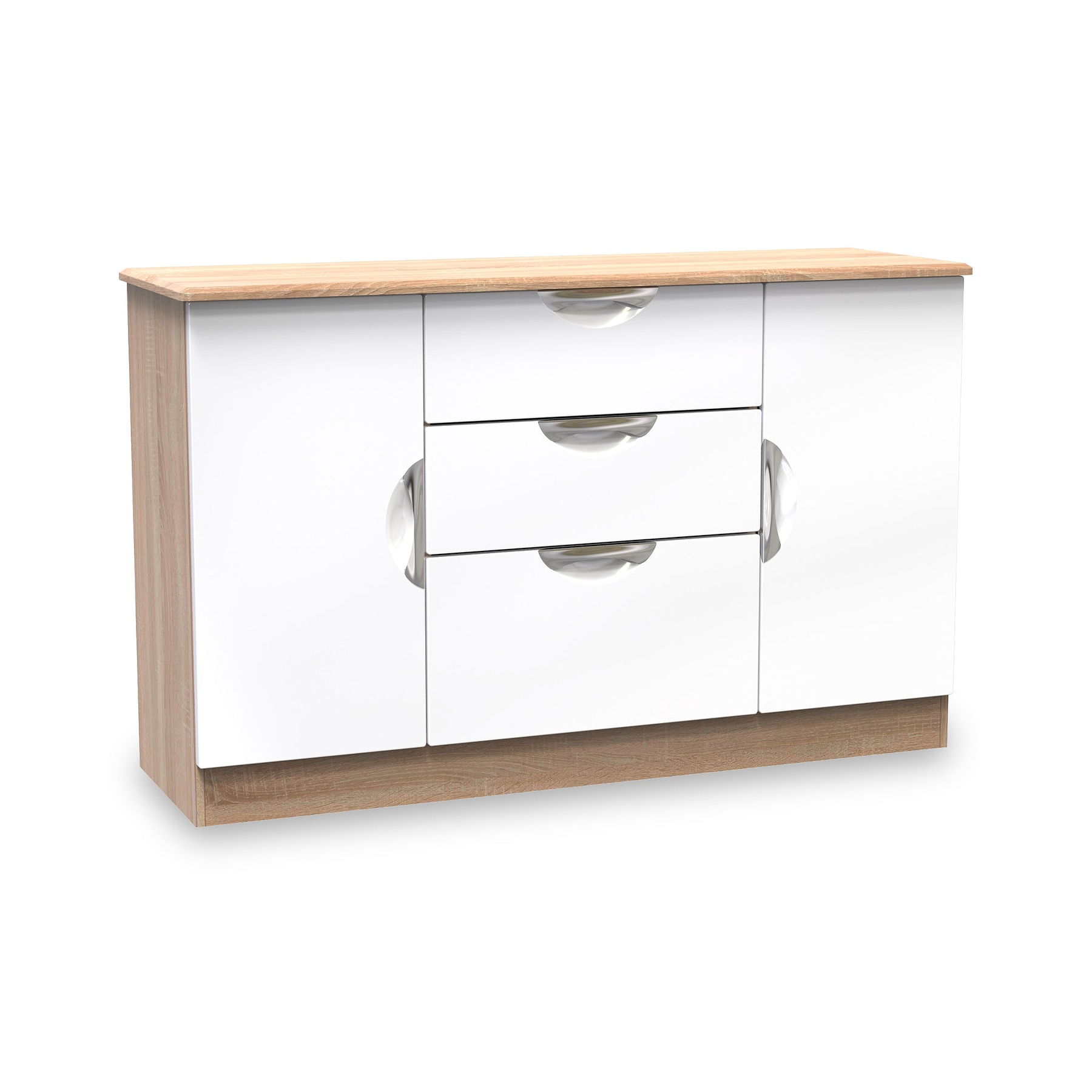 Beckett White Gloss & Light Wood 2 Door 3 Drawer Sideboard by Roseland Furniture