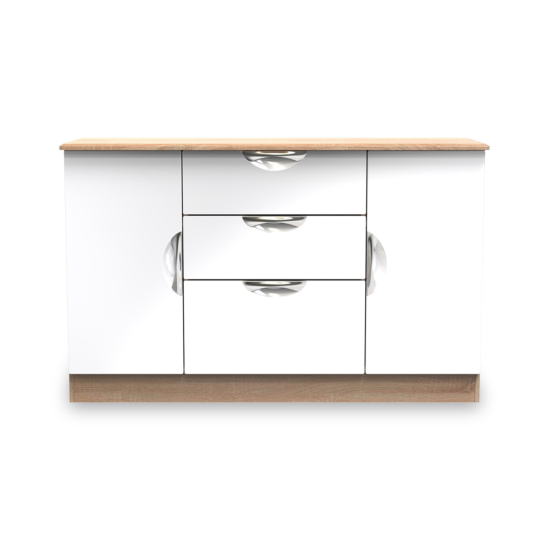 Beckett White Gloss & Light Wood 2 Door 3 Drawer Storage Sideboard by Roseland Furniture