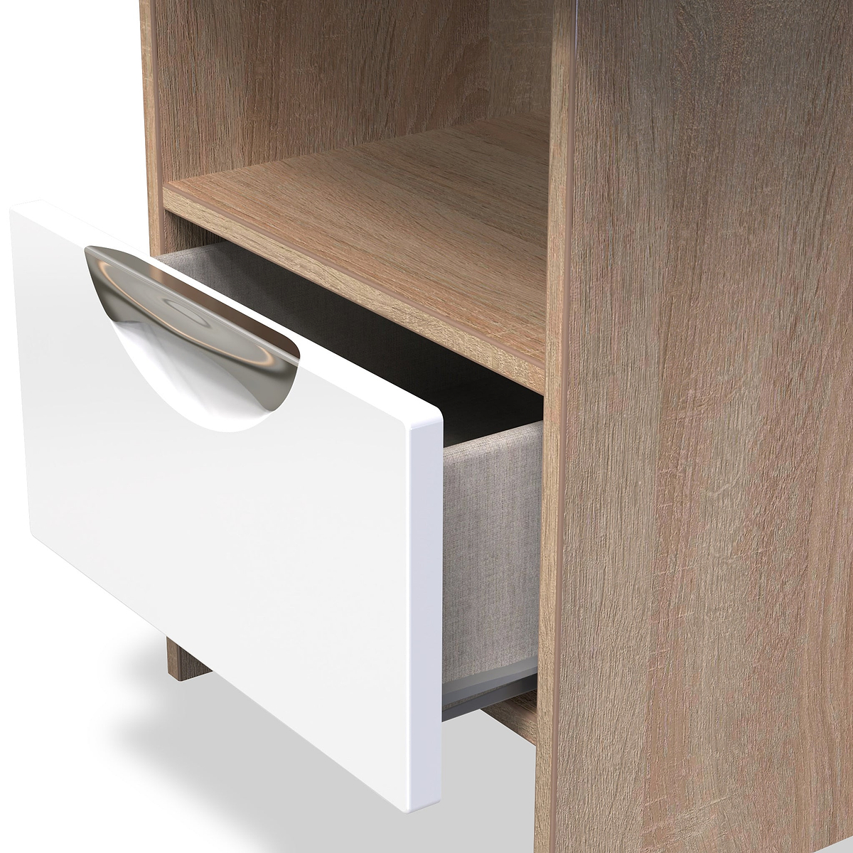 Beckett White Gloss & Light Wood 1 Drawer with Open Shelf Lamp Table by Roseland Furniture