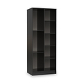 A tall, black bookshelf with multiple empty shelves, isolated against a plain white background.