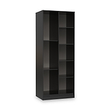 A tall, black bookshelf with multiple empty shelves, isolated against a plain white background.