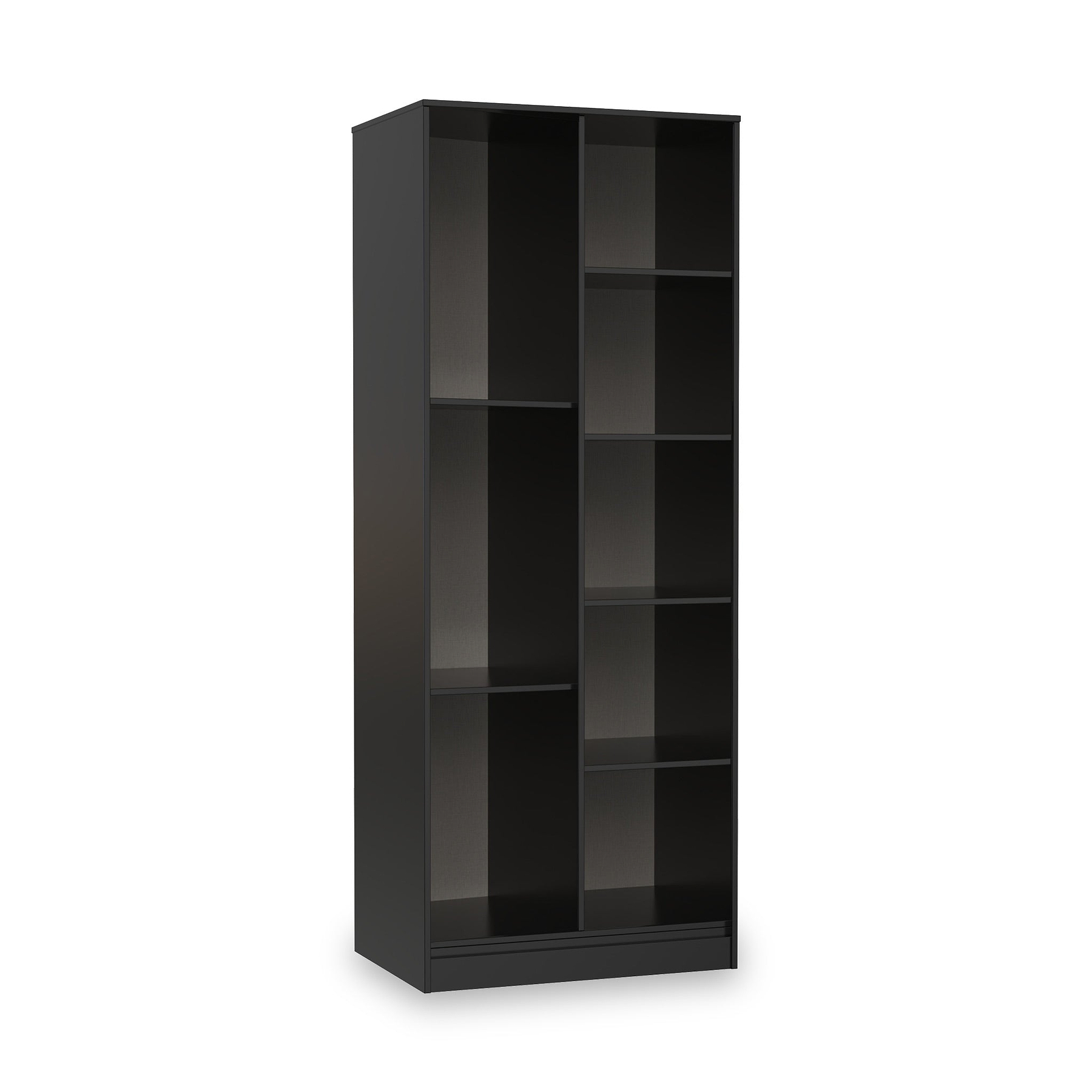 A tall, black bookshelf with multiple empty shelves, isolated against a plain white background.