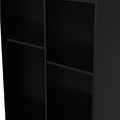 A tall, black, empty bookshelf with multiple shelves, partially lit at the edge, standing against a dark background.
