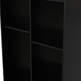 A tall, black, empty bookshelf with multiple shelves, partially lit at the edge, standing against a dark background.