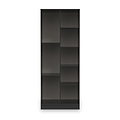 A tall, dark shelving unit with multiple empty compartments stands isolated against a plain light background.